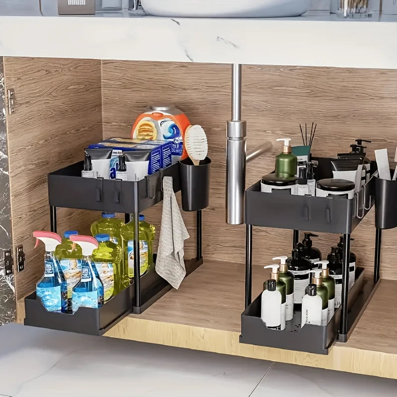 2-Tier Under Sink Organizer with Sliding Drawers & Hooks, Black Plastic Kitchen Storage Basket for Spices, Utensils, and Cleanin