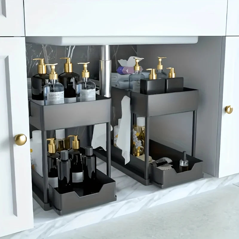2-Tier Under Sink Organizer with Sliding Drawers & Hooks, Black Plastic Kitchen Storage Basket for Spices, Utensils, and Cleanin