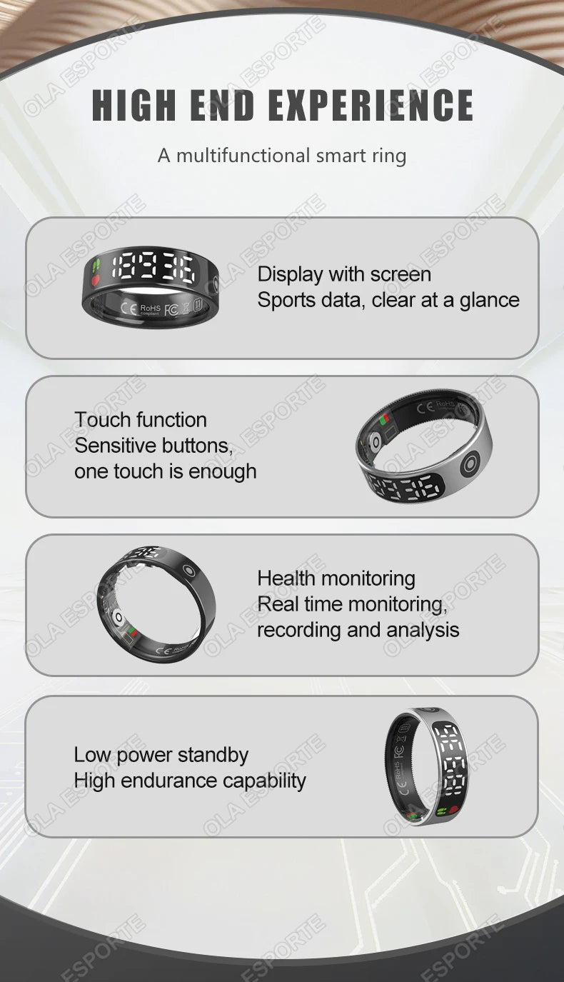 Smart Ring with Display Screen and Touch, Health Manager, Gesture Control, Wireless Charging, 5 ATM Waterproof For Men Women New