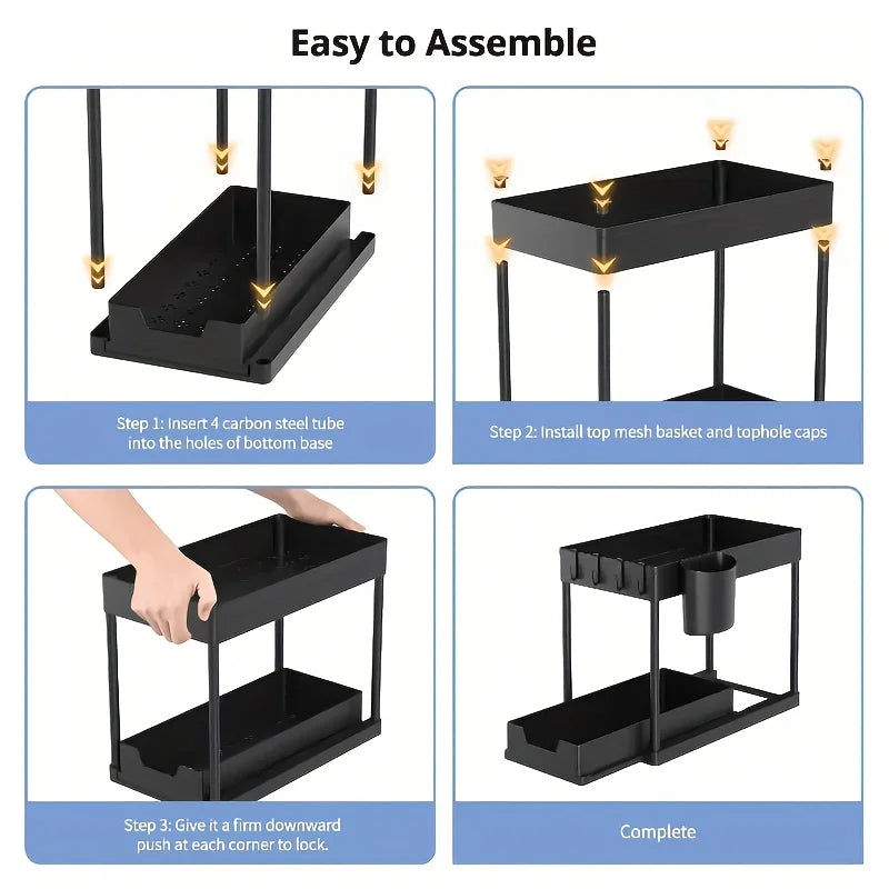 2-Tier Under Sink Organizer with Sliding Drawers & Hooks, Black Plastic Kitchen Storage Basket for Spices, Utensils, and Cleanin