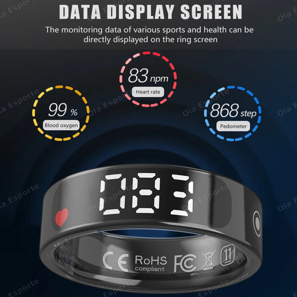 Smart Ring with Display Screen and Touch, Health Manager, Gesture Control, Wireless Charging, 5 ATM Waterproof For Men Women New