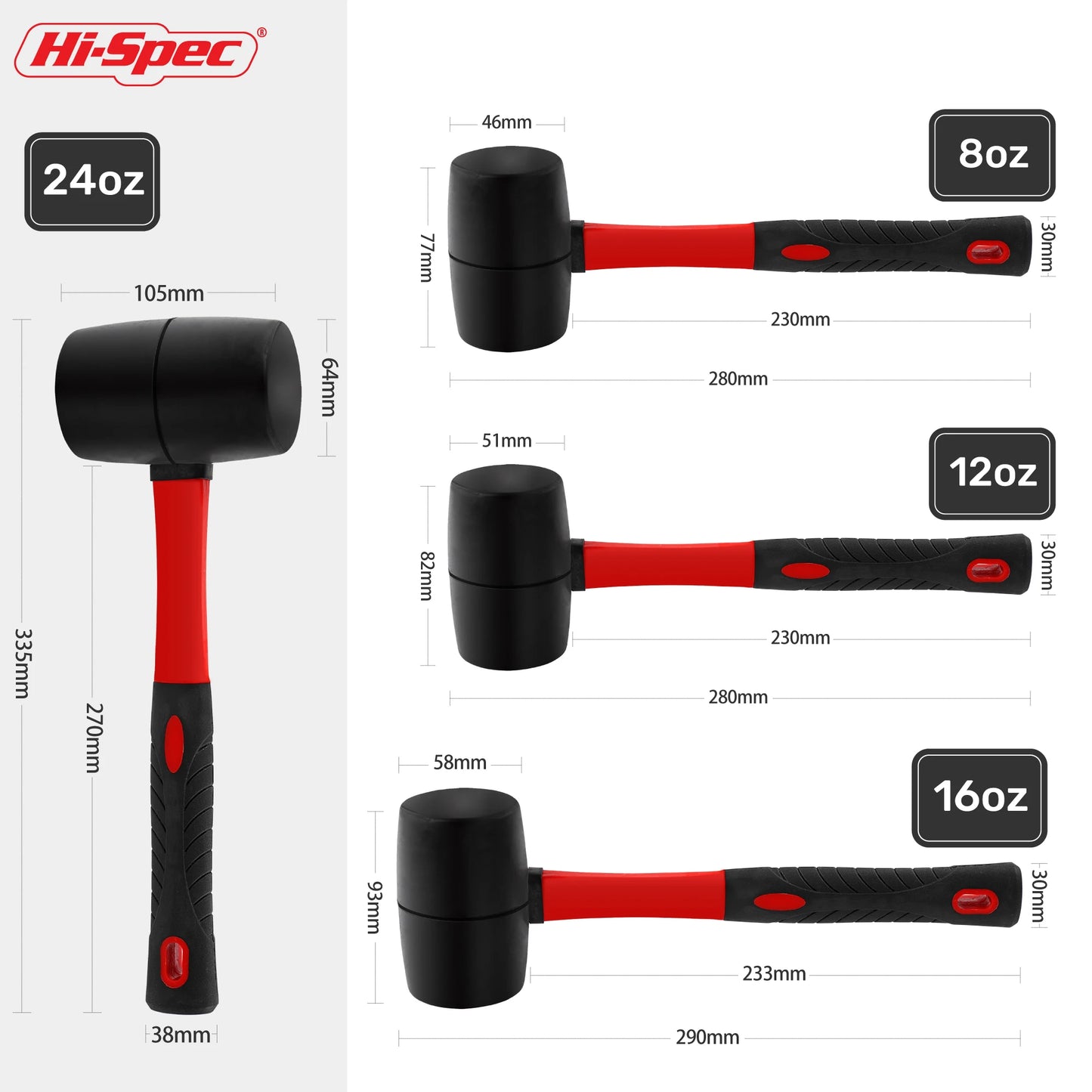 Hi-Spec 1PC Heavy Duty Mallet Rubber Hammer Double Faced Household Mini Hammer Multifunctional Mallet Hand Tool 8/12/16/24 Oz