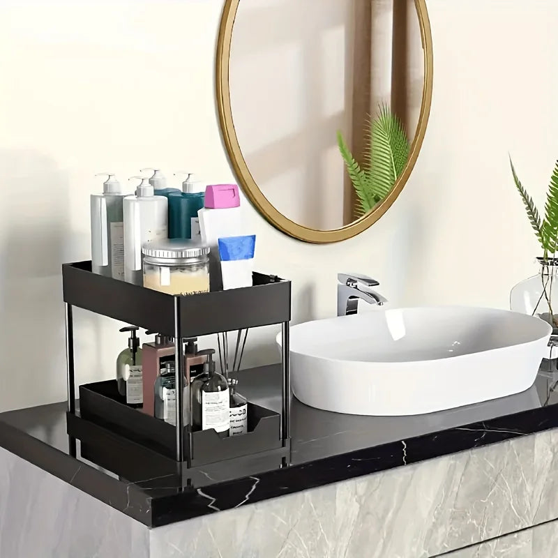 2-Tier Under Sink Organizer with Sliding Drawers & Hooks, Black Plastic Kitchen Storage Basket for Spices, Utensils, and Cleanin