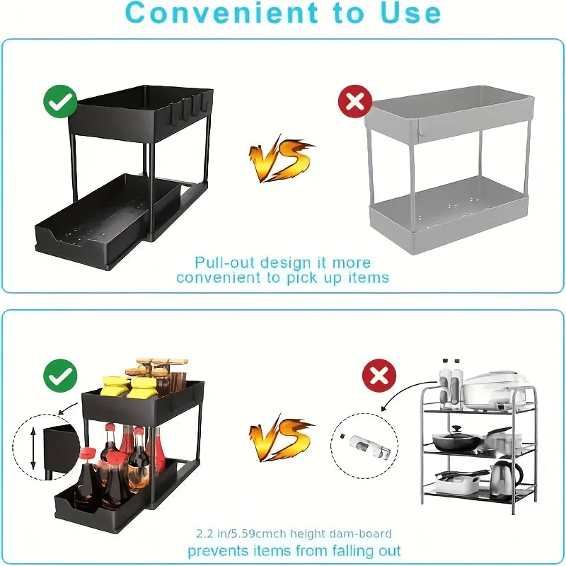 2-Tier Under Sink Organizer with Sliding Drawers & Hooks, Black Plastic Kitchen Storage Basket for Spices, Utensils, and Cleanin
