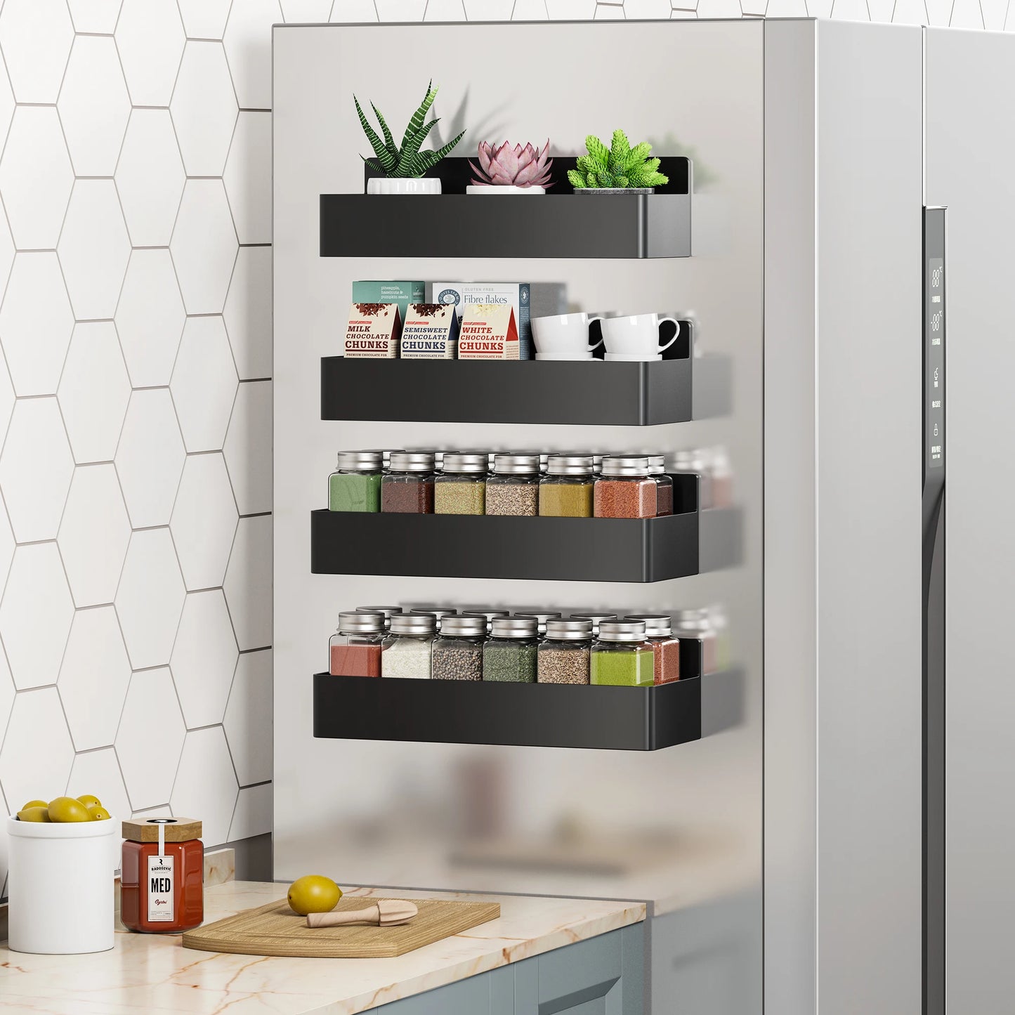 Magnetic 4 Pack Fridge Shelf Spice Storage Rack No Drilling Saving Space kitchen Spice Shelf For Refrigerator Seasoning Rack