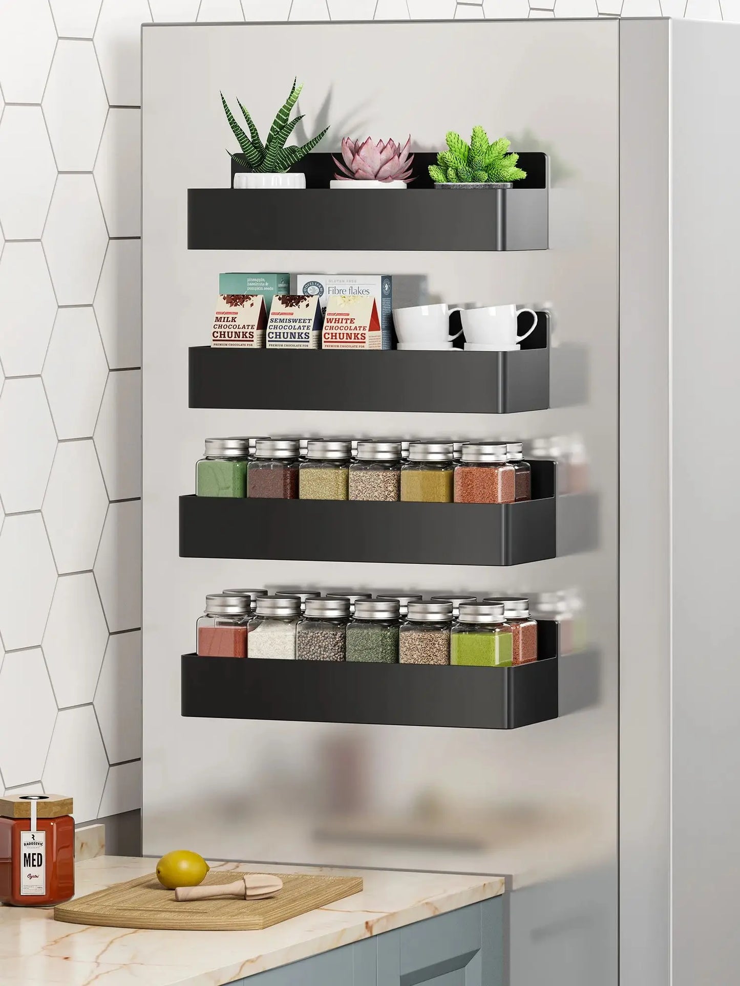 Magnetic 4 Pack Fridge Shelf Spice Storage Rack No Drilling Saving Space kitchen Spice Shelf For Refrigerator Seasoning Rack