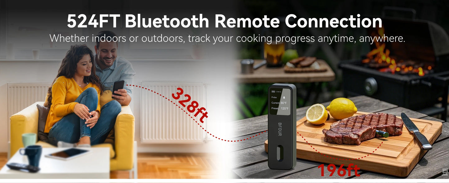 Wireless Bluetooth Meat Thermometer IP67 Waterproof Probes with LCD Screen Booster Rechargeable for Grilling Smoker BBQ Oven