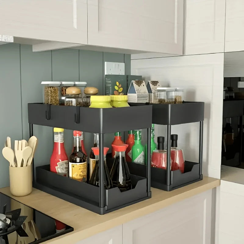 2-Tier Under Sink Organizer with Sliding Drawers & Hooks, Black Plastic Kitchen Storage Basket for Spices, Utensils, and Cleanin