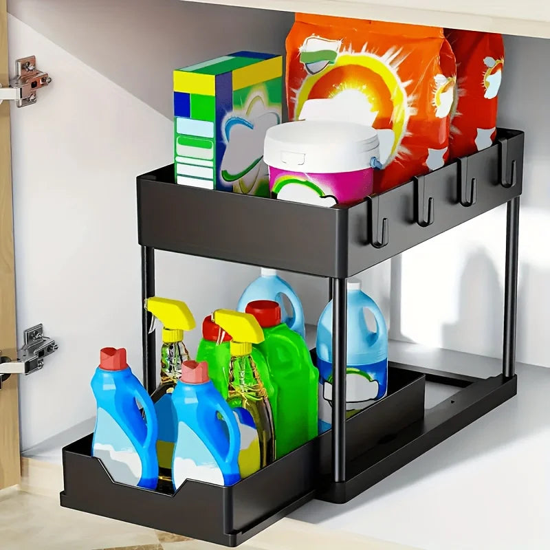 2-Tier Under Sink Organizer with Sliding Drawers & Hooks, Black Plastic Kitchen Storage Basket for Spices, Utensils, and Cleanin