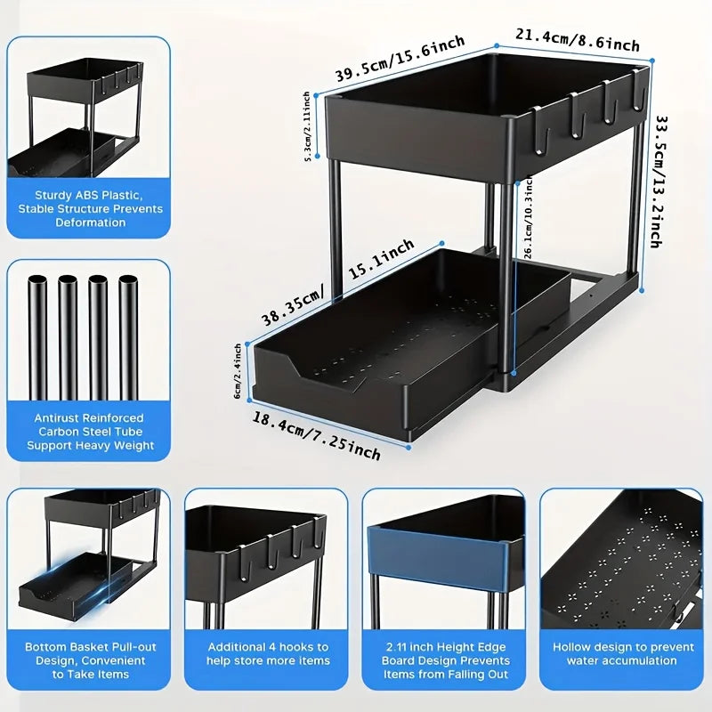 2-Tier Under Sink Organizer with Sliding Drawers & Hooks, Black Plastic Kitchen Storage Basket for Spices, Utensils, and Cleanin