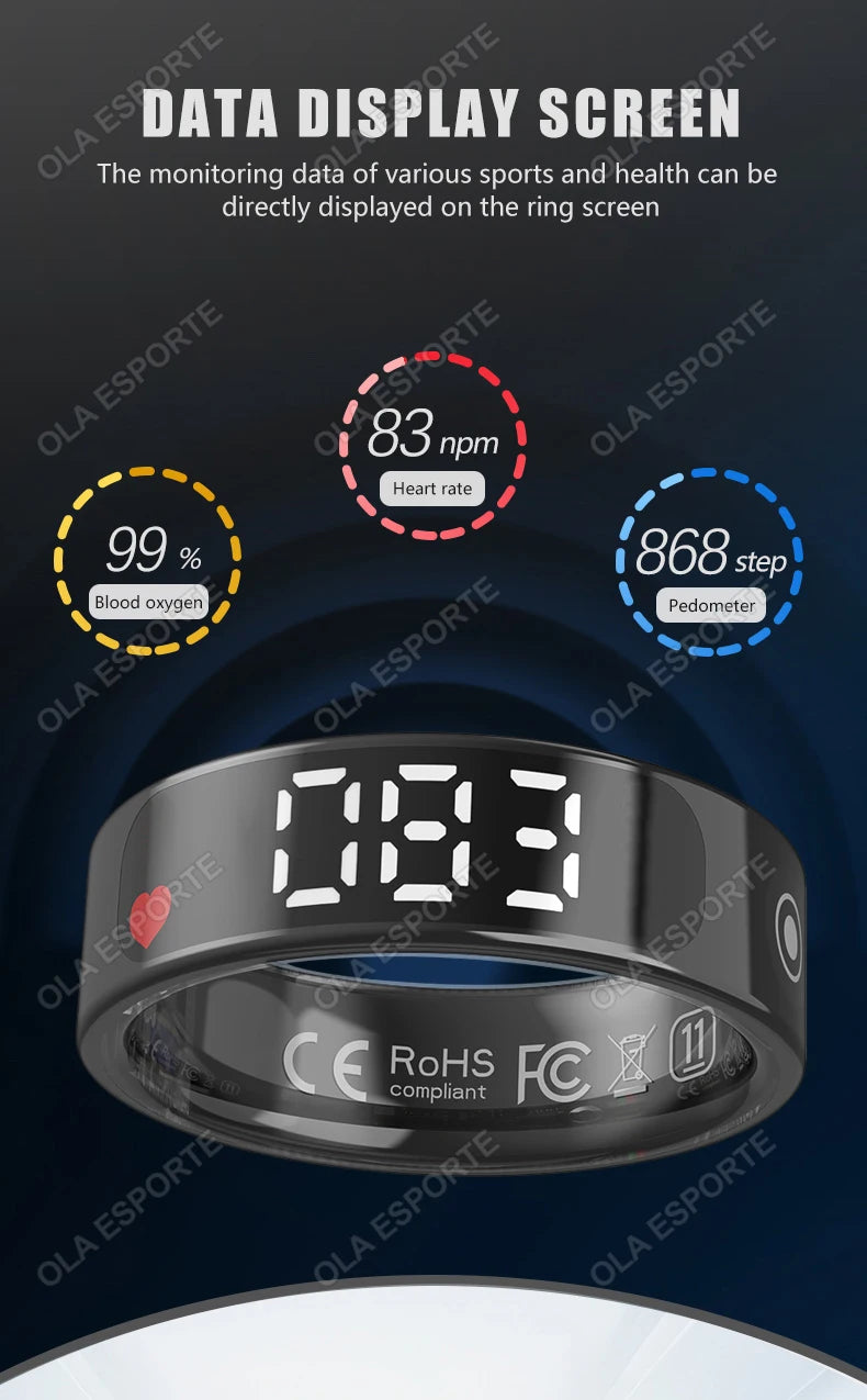 Smart Ring with Display Screen and Touch, Health Manager, Gesture Control, Wireless Charging, 5 ATM Waterproof For Men Women New