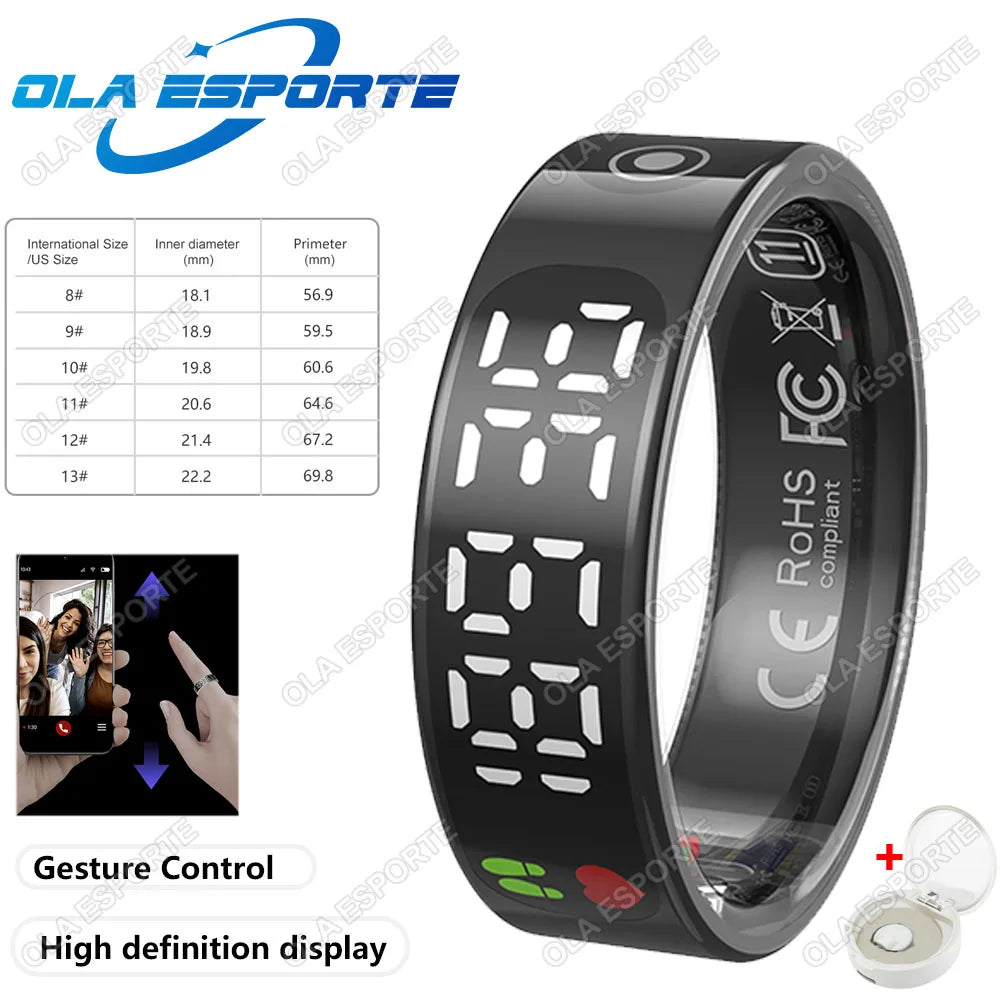 Smart Ring with Display Screen and Touch, Health Manager, Gesture Control, Wireless Charging, 5 ATM Waterproof For Men Women New