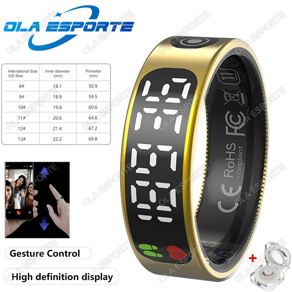 Smart Ring with Display Screen and Touch, Health Manager, Gesture Control, Wireless Charging, 5 ATM Waterproof For Men Women New