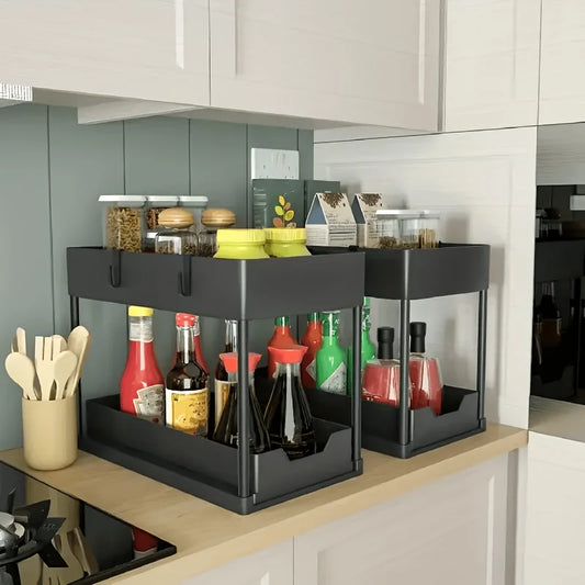 2-Tier Under Sink Organizer with Sliding Drawers & Hooks, Black Plastic Kitchen Storage Basket for Spices, Utensils, and Cleanin