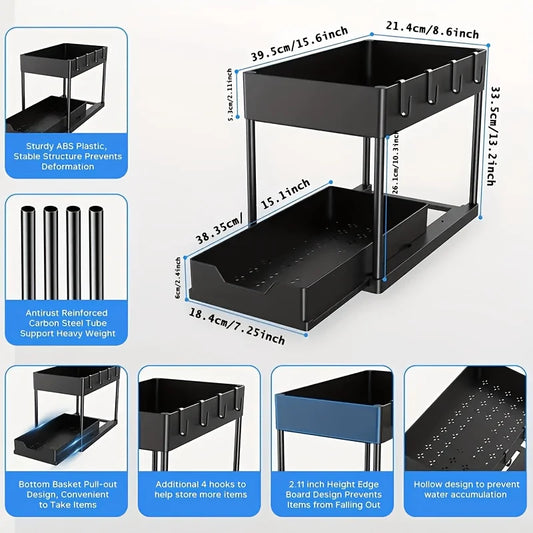 2-Tier Under Sink Organizer with Sliding Drawers & Hooks, Black Plastic Kitchen Storage Basket for Spices, Utensils, and Cleanin