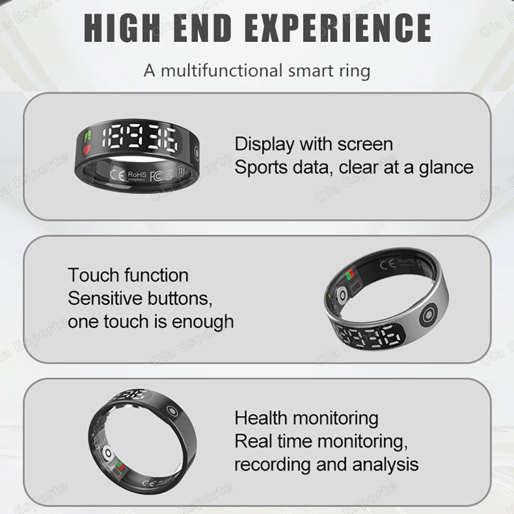 Smart Ring with Display Screen and Touch, Health Manager, Gesture Control, Wireless Charging, 5 ATM Waterproof For Men Women New